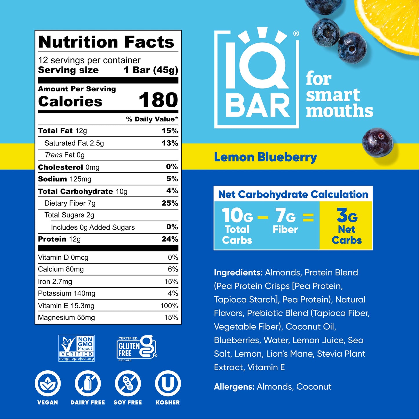 IQBAR Lemon Blueberry | Brain + Body Keto Protein Bars 1 each