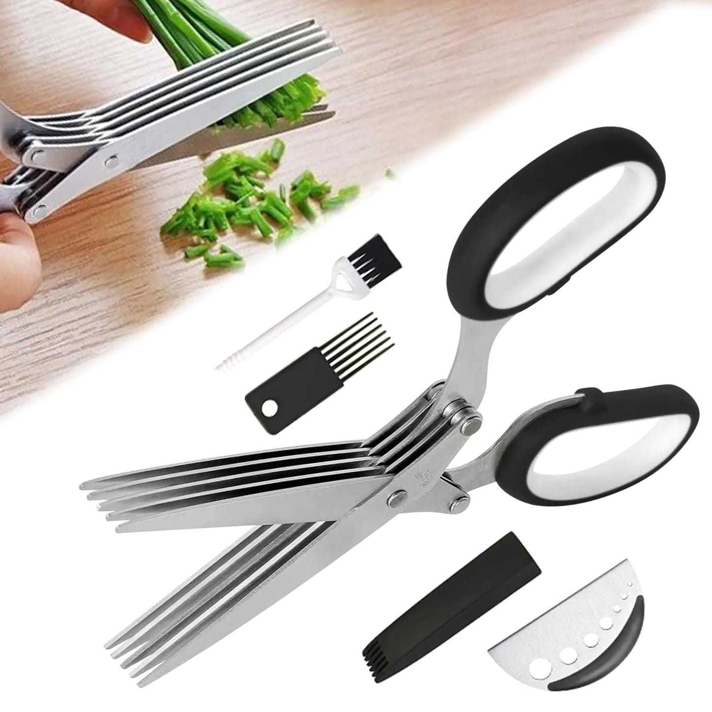 Herb Scissors 5 Blade Kitchen Salad Scissors Set with Herb Stripper Stainless Steel Blade Kitchen Salad Scissors Black Kitchen Shears Kitchen Gadgets