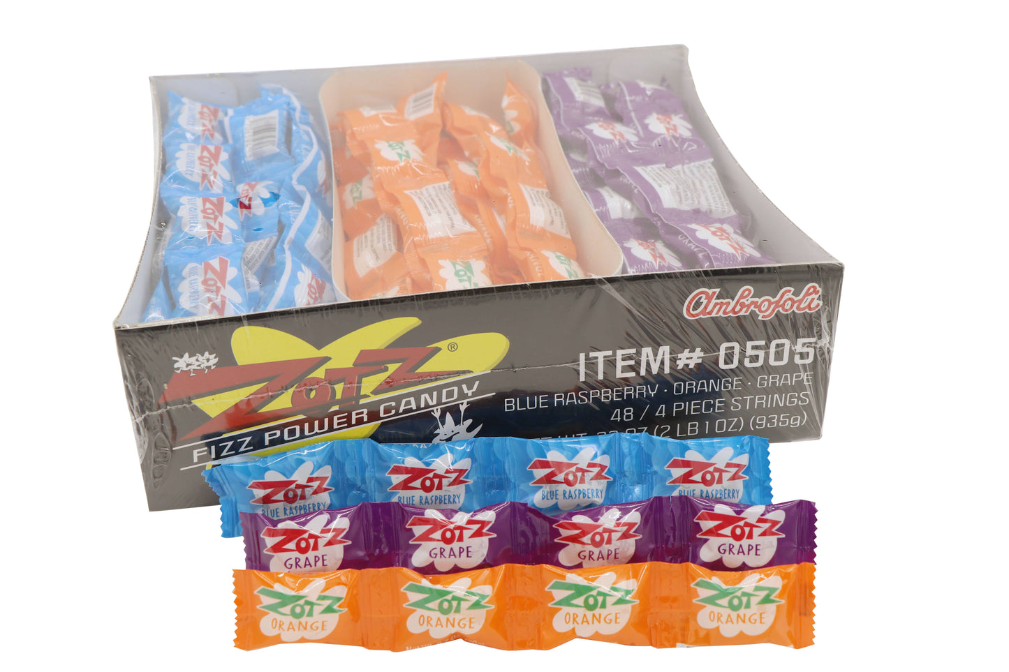 Grandpa Joe's Candy Shop - Zotz Fizzing Candy Strings, grape, blue raspberry, orange 1 strip