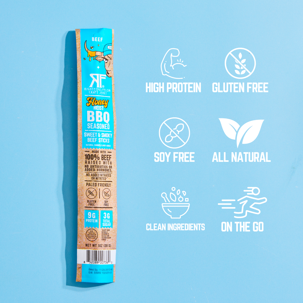 Righteous Felon Craft Jerky - Righteous Felon Honey Heist BBQ Beef Stick 1oz