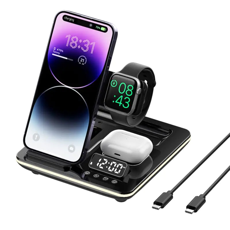 GEEK FULLY 5 in-1 Wireless Charger Phone Charging Station Automatic Lifting Charging Stand Dock Fast Travel Charger for Multiple Devices Adapt with Phone iWatch Series AirPods 3/2