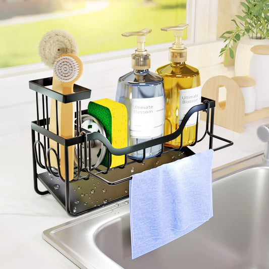 Kitchen Sink Caddy Sponge Holder for Kitchen Sink Stainless Steel Kitchen Sink Organizer and Storage with Auto-Drain Removable Brush Holder and Dishcloth Rack Kitchen Gadgets Sponge Organizer