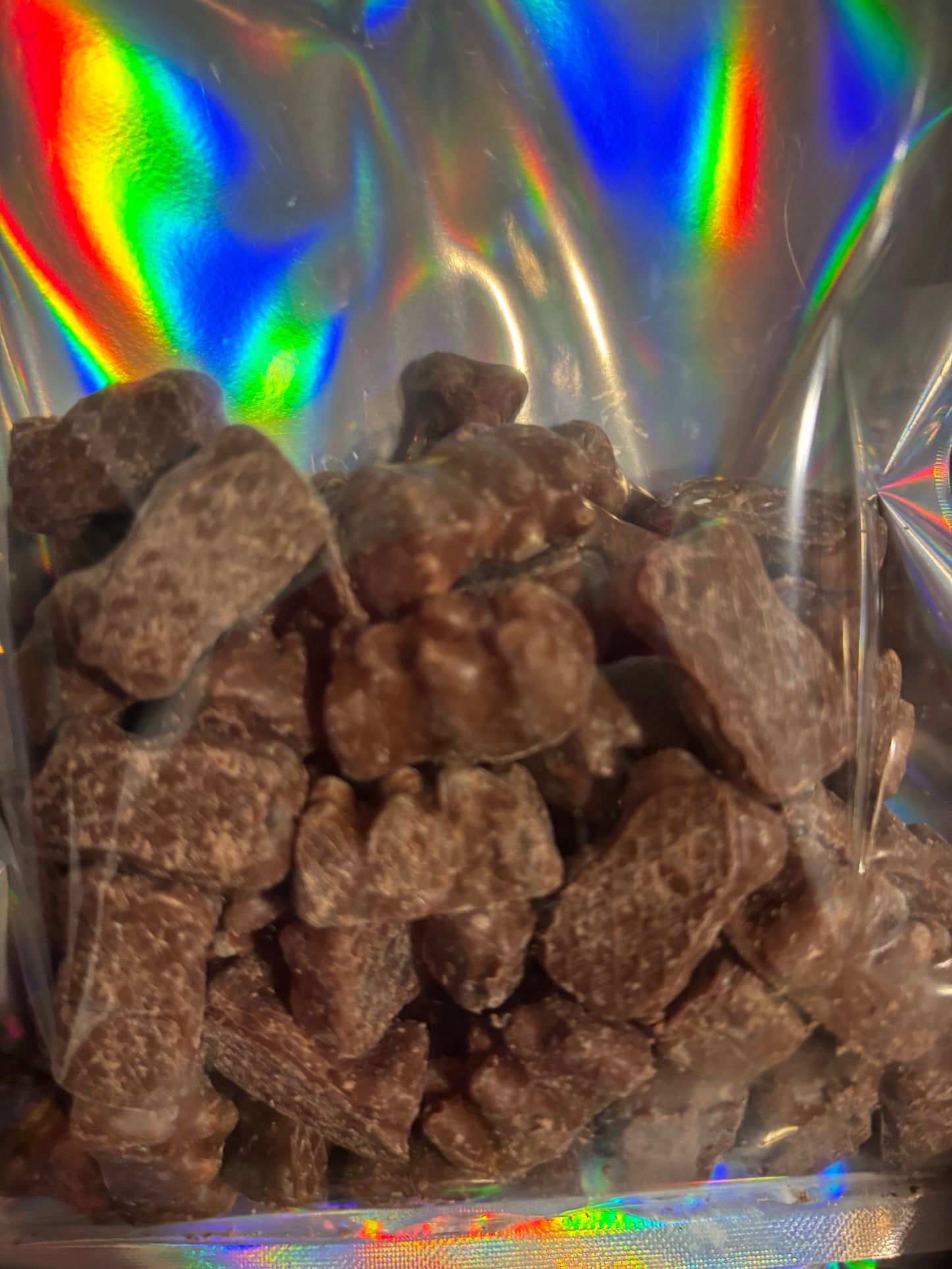 Milk chocolate covered gummy bears