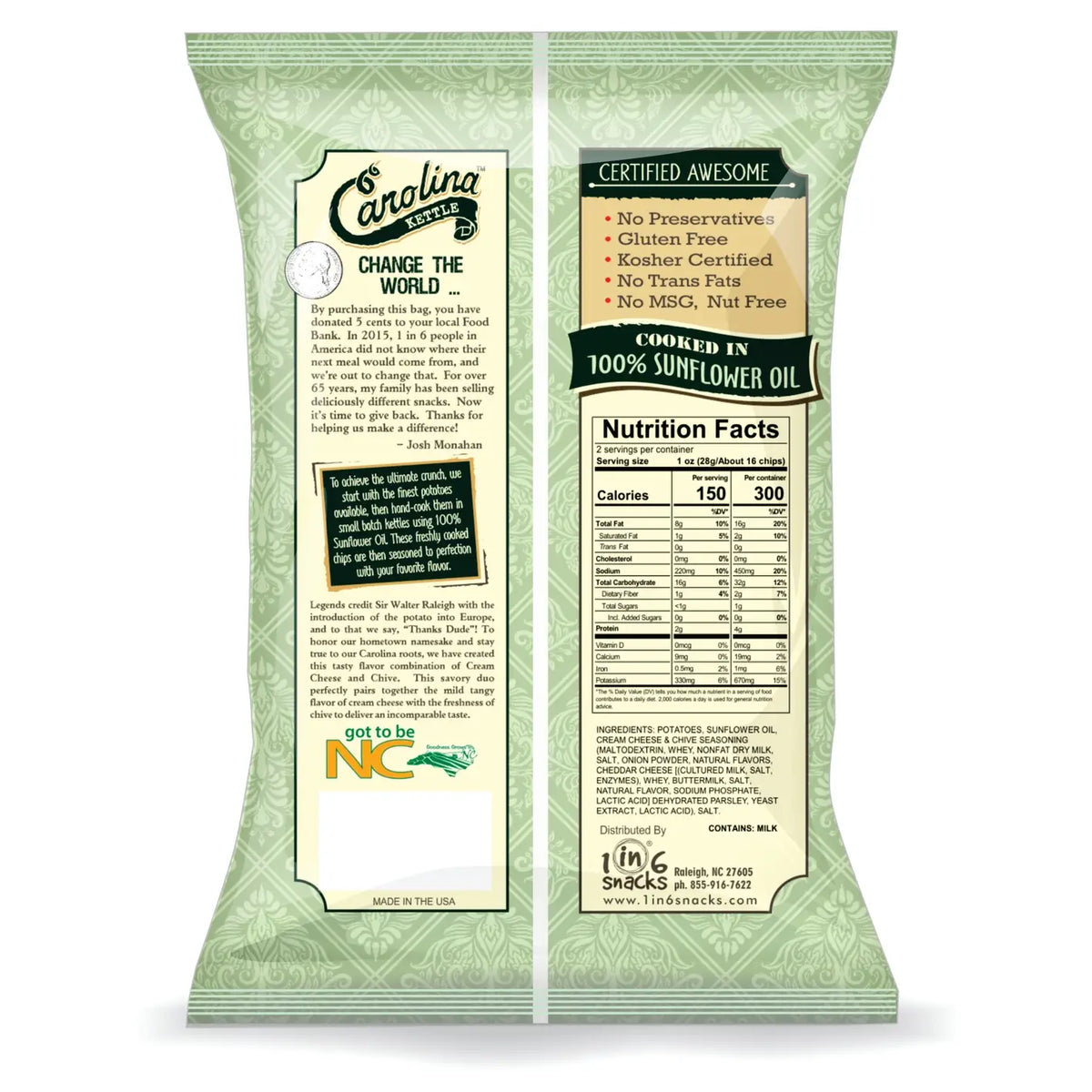 1 in 6 Snacks- Carolina Kettle chips - Cream Cheese and Chive Carolina Kettle Chip 5oz