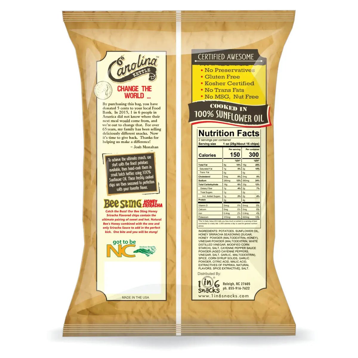 1 in 6 Snacks- Carolina Kettle chips - Honey Sriracha Carolina Kettle Chips 5 oz