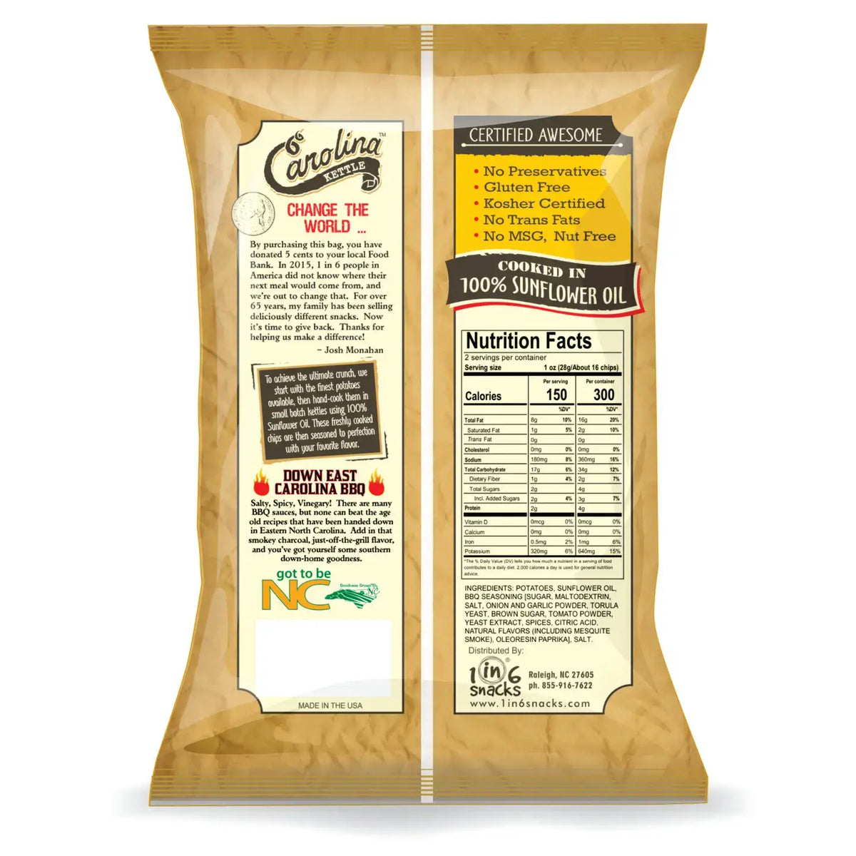 1 in 6 Snacks- Carolina Kettle chips - BBQ Carolina Kettle Chips 5 oz