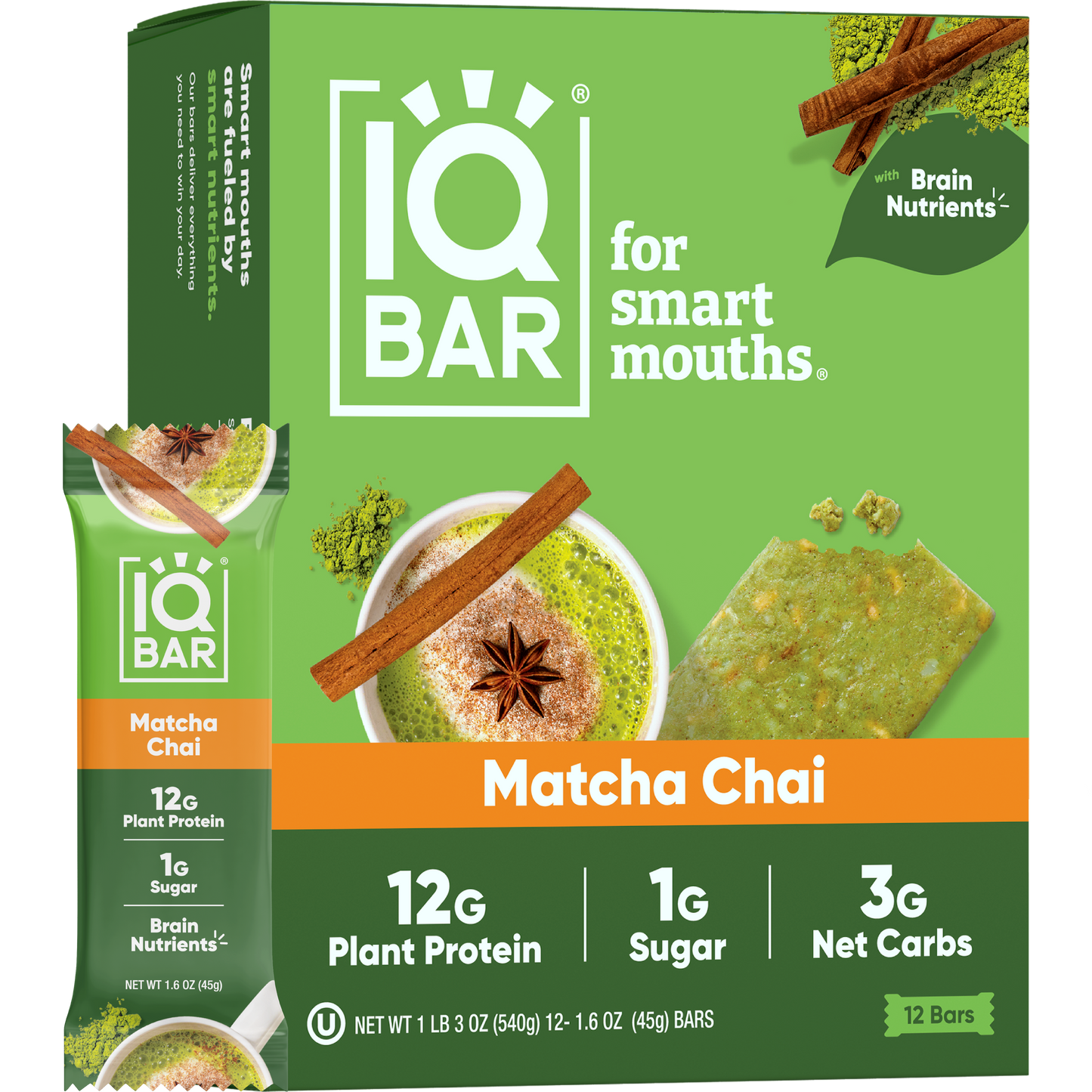 IQBAR Matcha Chai | Brain + Body Keto Protein Bars