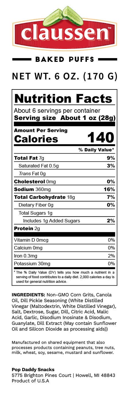 Pop Daddy Snacks - Flavored Baked Puffs - 6oz - Claussen Dill Pickle