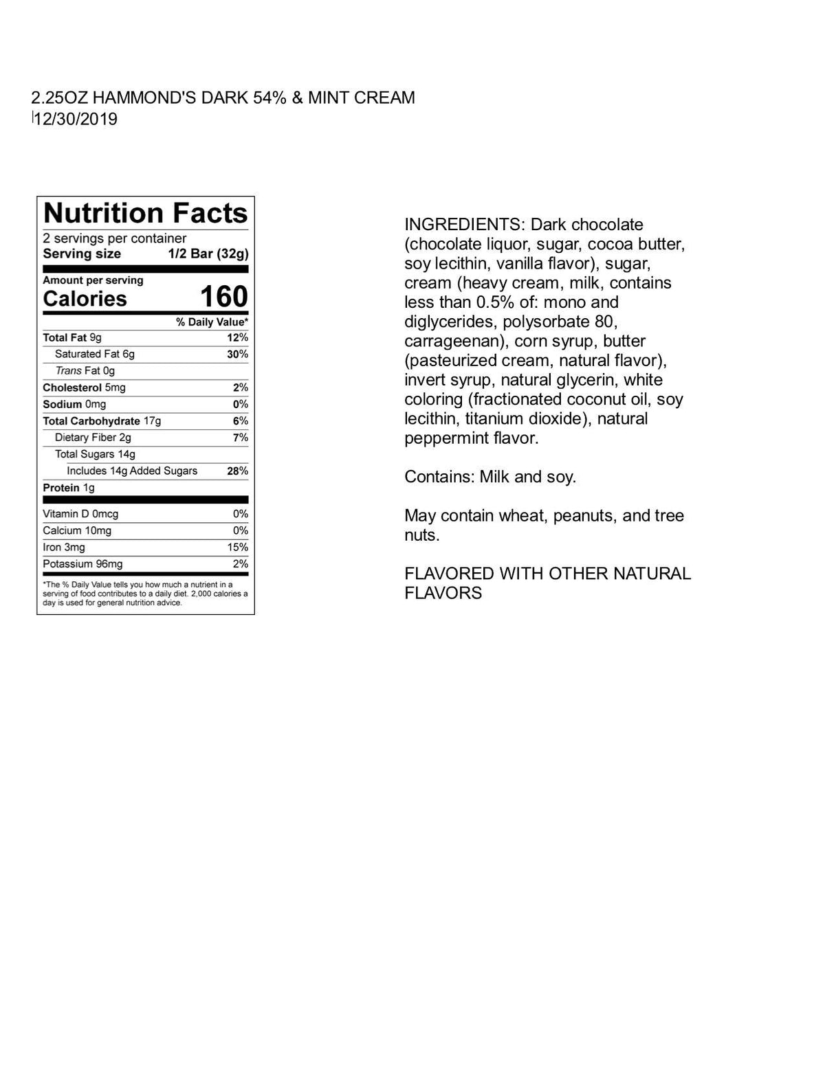 Hammond's Candies - Candy Bar - Dark Chocolate - Mint Chocolate Chip - 2.25 oz