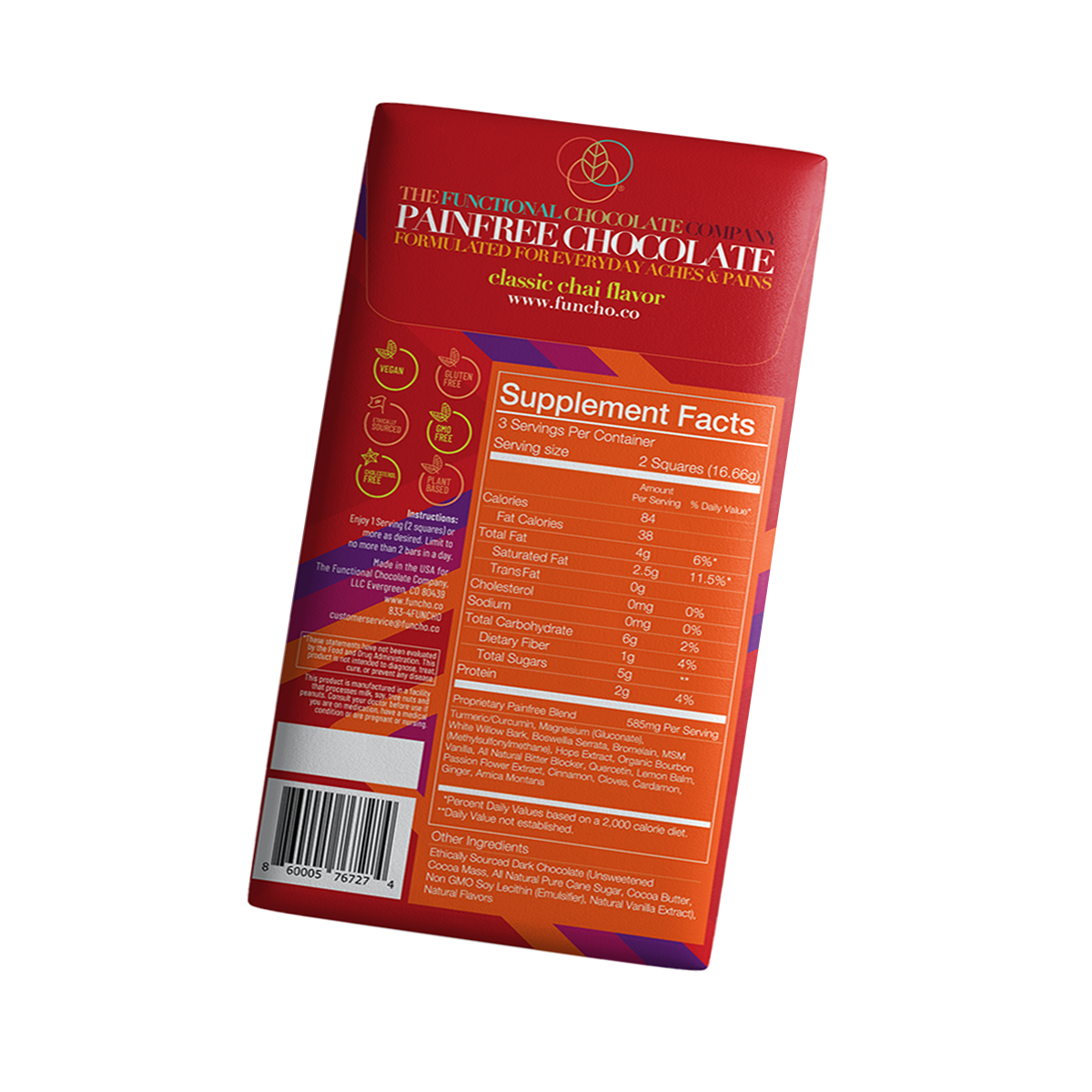 The Functional Chocolate Company - Painfree Chocolate - Aches/Pains Formula - Classic Chai