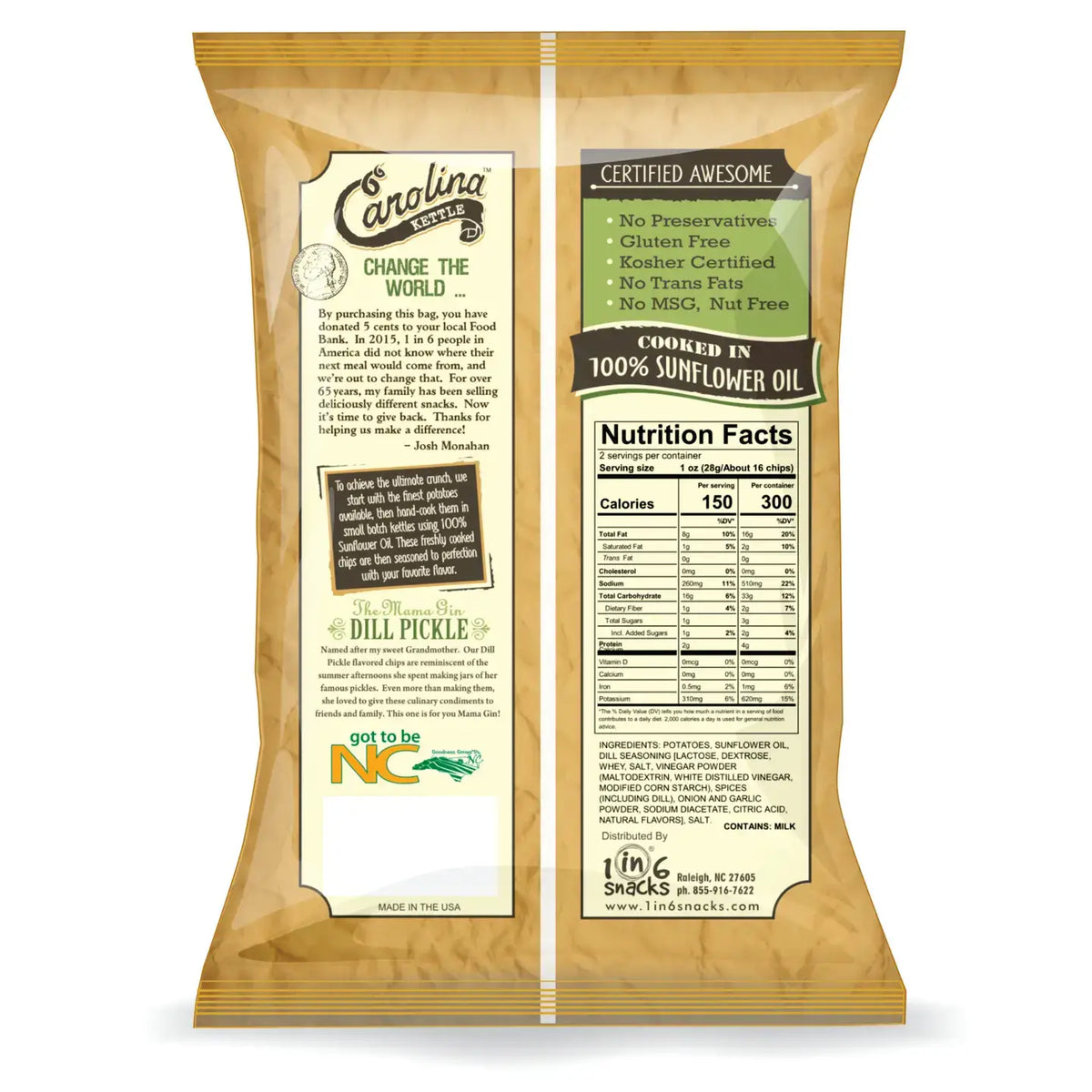 1 in 6 Snacks- Carolina Kettle chips - Dill Pickle Carolina Kettle Chips 5oz